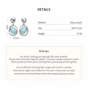 Detailed product specifications for blue acrylic drop earrings with 925 silver needle posts.