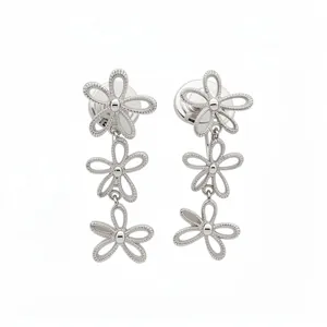 Elegant minimalist silver hollow flower tassel clip earrings for women, white background