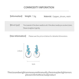 Detailed product info for blue zircon resin stud earrings with size measurements