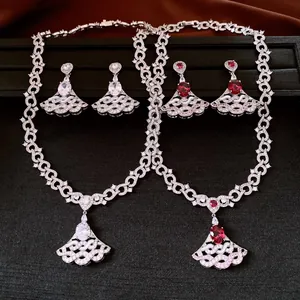 Elegant silver-tone jewelry set with red and white zircon fan-shaped pendant charms