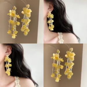 18K Gold Plated Flower Petal Tassel Drop Earrings For Women Fashion Glass Bead Handmade Jewelry With Silver Post