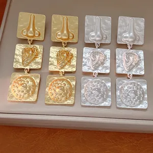 Surrealist Alloy Body Organ Relief Square Drop Earrings For Women European Avant-Garde Gold Silver Plated 925 Silver Post Statement Earrings Jewelry