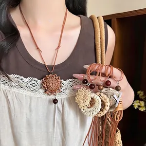 Vintage Handmade Rattan Woven Waterdrop Pendant Necklace For Women Bohemian Leather Cord Long Sweater Chain Ethnic Jewelry