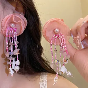 Bohemian Cloth Flower Tassel Earrings For Women Handmade Shell Starfish Artificial Pearl Dangle Earrings With 925 Sterling Silver Earring Post Summer Beach Vacation Jewelry