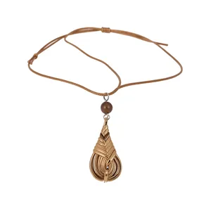 Elegant vintage woven water-drop pendant necklace with adjustable brown leather cord