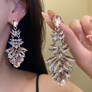 Luxury Alloy Rhinestone Water Drop Pendant Earrings Silver Earring Post Pink Inlaid Dangle Earrings For Women Elegant Party Jewelry
