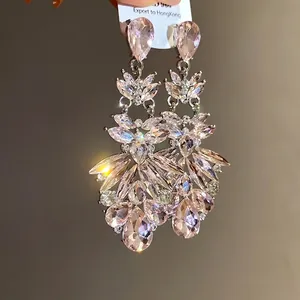 Silver needle sparkling pink teardrop crystal dangle earrings for women in luxury style