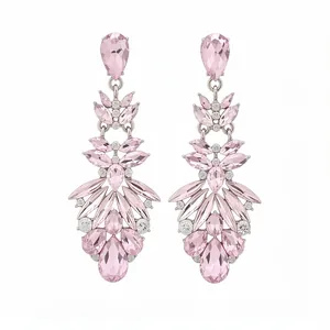 Elegant pink crystal teardrop dangle earrings with sterling silver needles for women