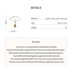 Technical detail of the retro rattan waterdrop pendant necklace with size information