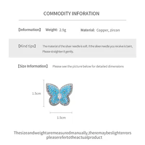 Specifications and size guide for blue butterfly zircon ear clips in silver finish.