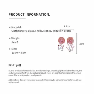 Detailed specifications of pink flower tassel earrings showing materials and dimensions.