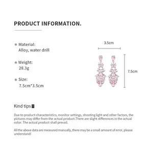 Product specifications for pink rhinestone teardrop earrings with alloy material info