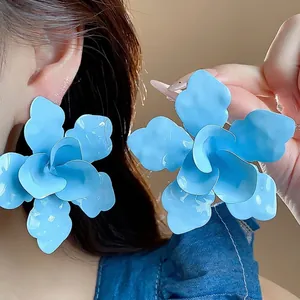 Exaggerated large sky blue flower stud earrings for women with elegant drip oil finish
