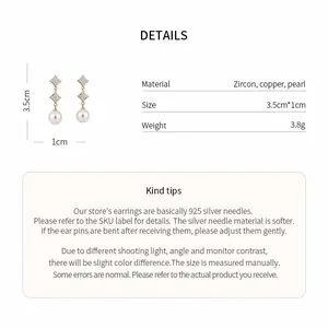 Detailed specification of gold plated starburst zircon pearl drop earrings showing size and weight
