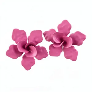 Exquisite pink 3D flower stud earrings with layered matte enamel petals, stylish jewelry