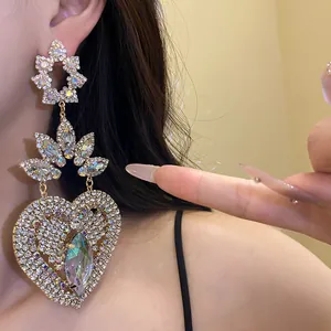 Pendientes de corazón vintage grandes con pedrería brillante para joyería de mujer