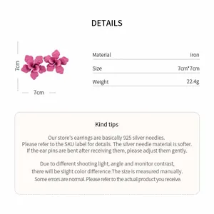 Detailed product specifications for pink flower stud earrings with iron material and size guide