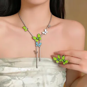 Butterfly Enamel Rhinestone Stud Earrings Necklace Set Forest Style Jewelry With 925 Sterling Silver Earring Post For Women
