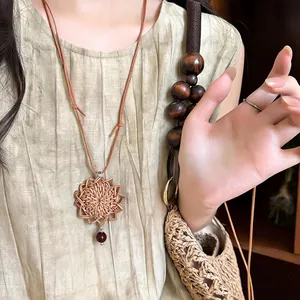 Detailed view of a vintage hand-woven rattan pendant necklace with leather cord