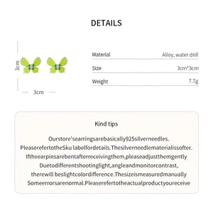 Product details showing size, material and weight for green butterfly stud earrings