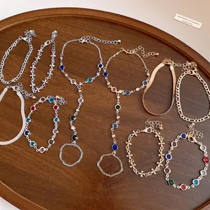 Women Layered Bracelet Ring Linked Hand Chain With Colored Glass Beads Minimalist Fashion Jewelry