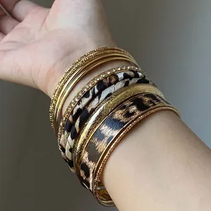 Vintage leopard print and gold metal stacking bangle bracelet set for fashion women