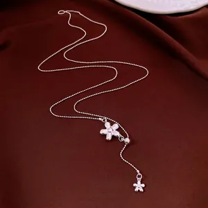 Minimalist Silver Color Copper Flower Tassel Pendant Necklace For Women Exquisite Beads Chain Clavicle Chain Jewelry Accessory Gift