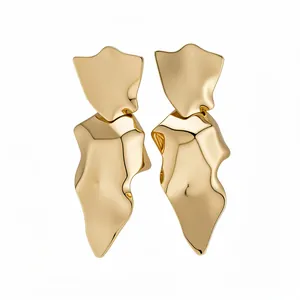 High-end exaggerated irregular gold-finish metal drop earrings with polished surface