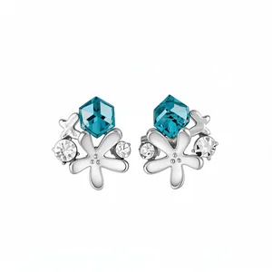 Silver needle starfish stud earrings with blue faceted crystal cubes and clear diamonds