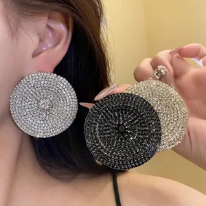 Pendientes de Botón Redondos Grandes con Strass para Mujer Cobre Poste de Plata Oro Plata Negro Joyería de Moda Regalo