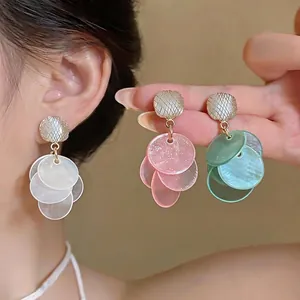 Korean Cat Eye Stone Tassel Stud Earrings 925 Sterling Silver Post Copper Shell Layered Dangle Sweet Jewelry For Women