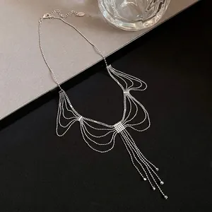 Collier à franges en dentelle argentée élégant, chaîne de clavicule minimaliste pour femme