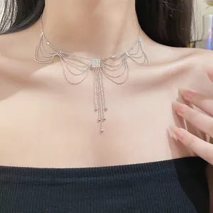 Détail d'un élégant collier à franges en dentelle argentée porté sur le cou pour femme