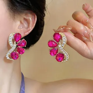 Ankora Red Teardrop Geometric Stud Earrings Glass Inlaid Rhinestone Earrings With 925 Sterling Silver Earring Post Women Jewelry