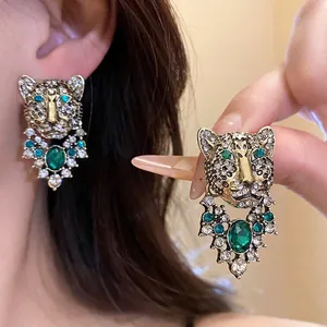 Vintage Court Style Leopard Head Stud Earrings With Silver Earring Post Gold Plated Green Rhinestone Inlaid Jewelry For Women