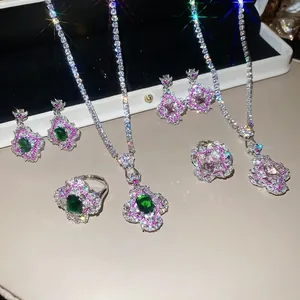 Parure de bijoux vintage luxe fleurs en zircon avec collier boucles d'oreilles bague