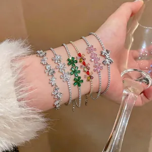 Elegant 18K Gold Plated Flower Zirconia Bracelet Adjustable Slide Clasp Delicate Floral Chain Hand Jewelry Gift for Women