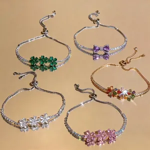 Elegant 18k gold plated adjustable bracelets with sparkling zircon flower and bow designs