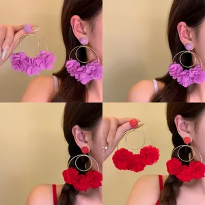 Bohemian Oversized Fabric Flower Drop Earrings For Women Summer Beach Vacation Floral Petal Hoop Earrings Handmade Jewelry Gift