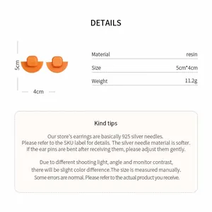 Détail des boucles d'oreilles demi-cercle en résine orange avec dimensions et matériaux