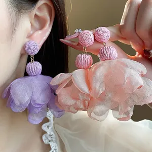 French Style Raffia Chiffon Flower Stud Earrings For Women Handmade Large Floral Petal Earrings Beach Vacation Jewelry Gift