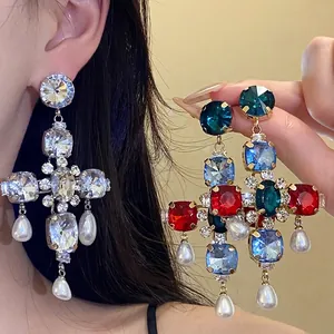 Vintage Kupfer Kreuz Ohrhänger Mit Silber Ohrringpfosten Strass Und Künstliche Perle Luxus Mode Schmuck Für Damen Hochzeit Party