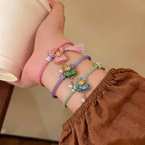 Handmade Woven Colorful Rope Bracelet With Triangle Zongzi Enamel Pendant Artificial Pearl New Chinese Style Braided Wristband For Women