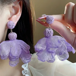 French style purple chiffon flower earrings with raffia accents for vacation
