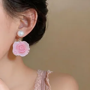 Elegant pink resin rose earrings with white pearl studs for women, stylish jewelry