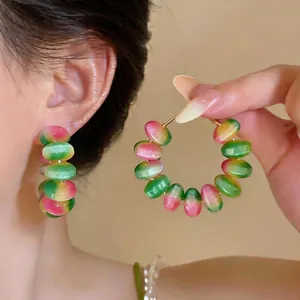 Macaron Gradient Beaded Hoop Earrings 925 Sterling Silver Earring Post Resin Iron Colorful Bead Circle Earrings For Women