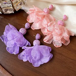 Elegant French style chiffon flower drop earrings with raffia beads for beach vacation