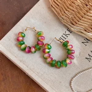 Macaron gradient beaded hoop earrings with silver needle in high-end minimalist style.