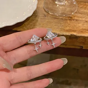 Elegant 18K gold plated square starburst planet stud earrings for women's jewelry collection