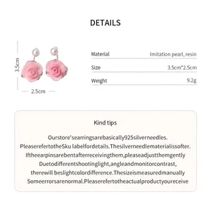 Details of pink resin flower earrings with imitation pearls and 925 silver needles